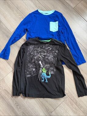 Amazon Essentials Boys Long-Sleeve Blue Pocket Tee & Black Dinosaur Graphic Tee